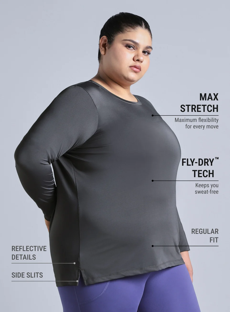 Women's Grey Full Sleeve Plus Size Training T-shirt - Image 5