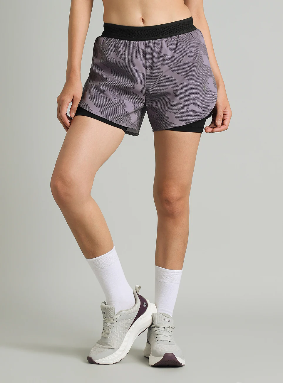 Women's Grey Urban Camo Shorts with Inbuilt Tights - Image 4