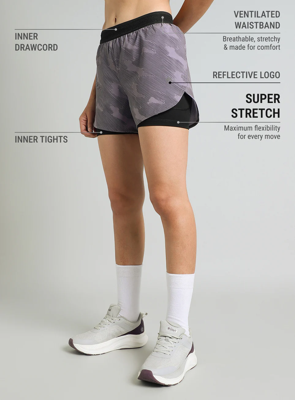 Women's Grey Urban Camo Shorts with Inbuilt Tights - Image 5