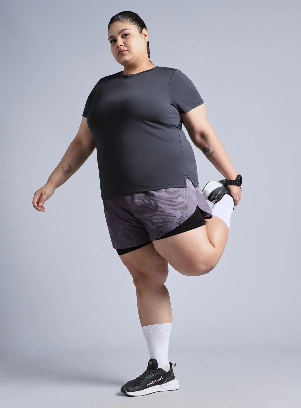 Women's Grey Urban Camo Shorts with Inner Tight Plus Size Shorts - Image 2