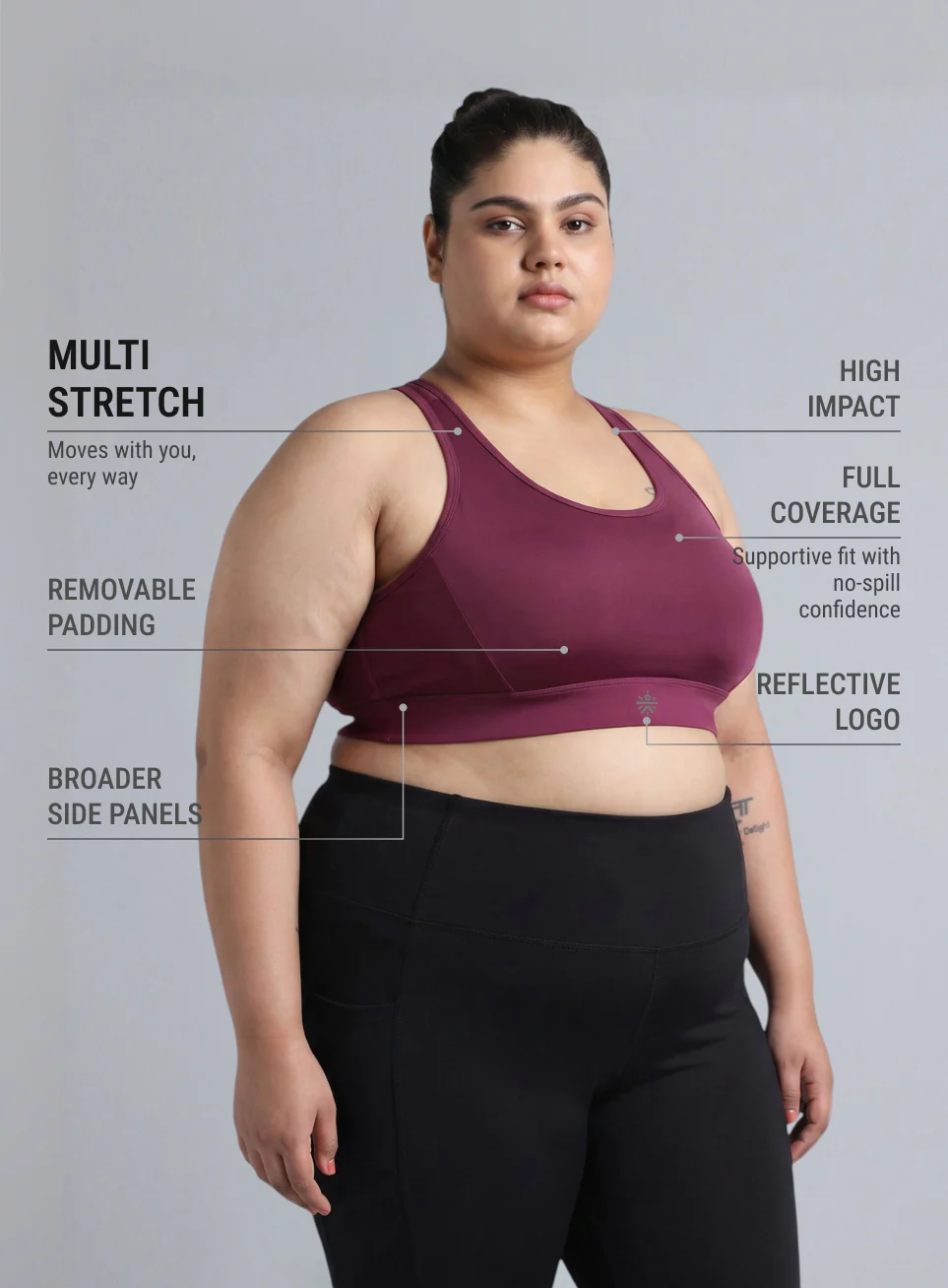 Women's Maroon Racer Back Hook Running High Support Plus Size Sports Bra - Image 5