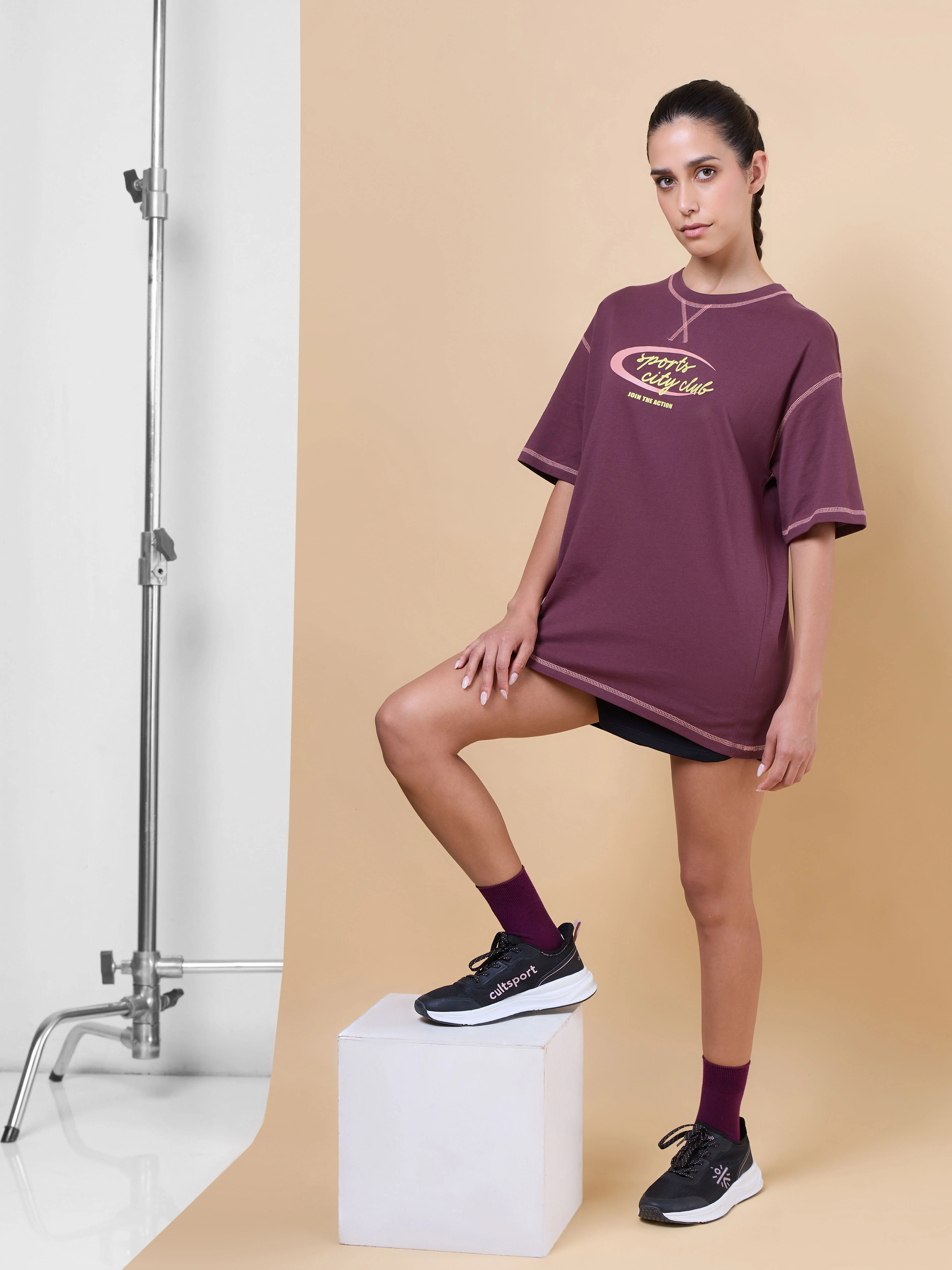 Women's Maroon Sports City Club Oversized T-shirt - Image 2