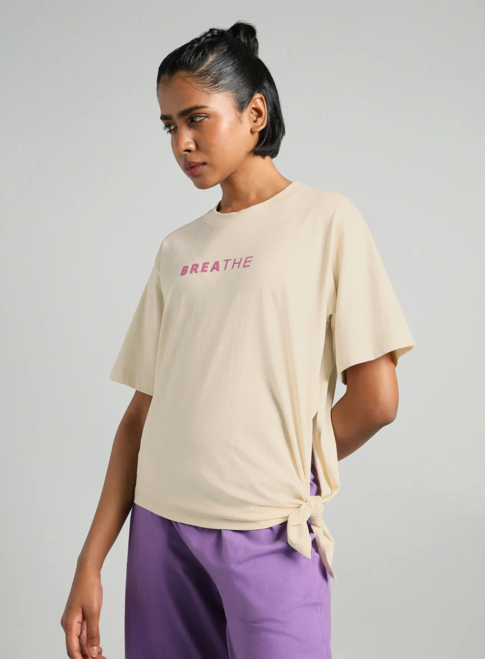 Women's Off White Flow Side Tie Up Relaxed fit T-shirt