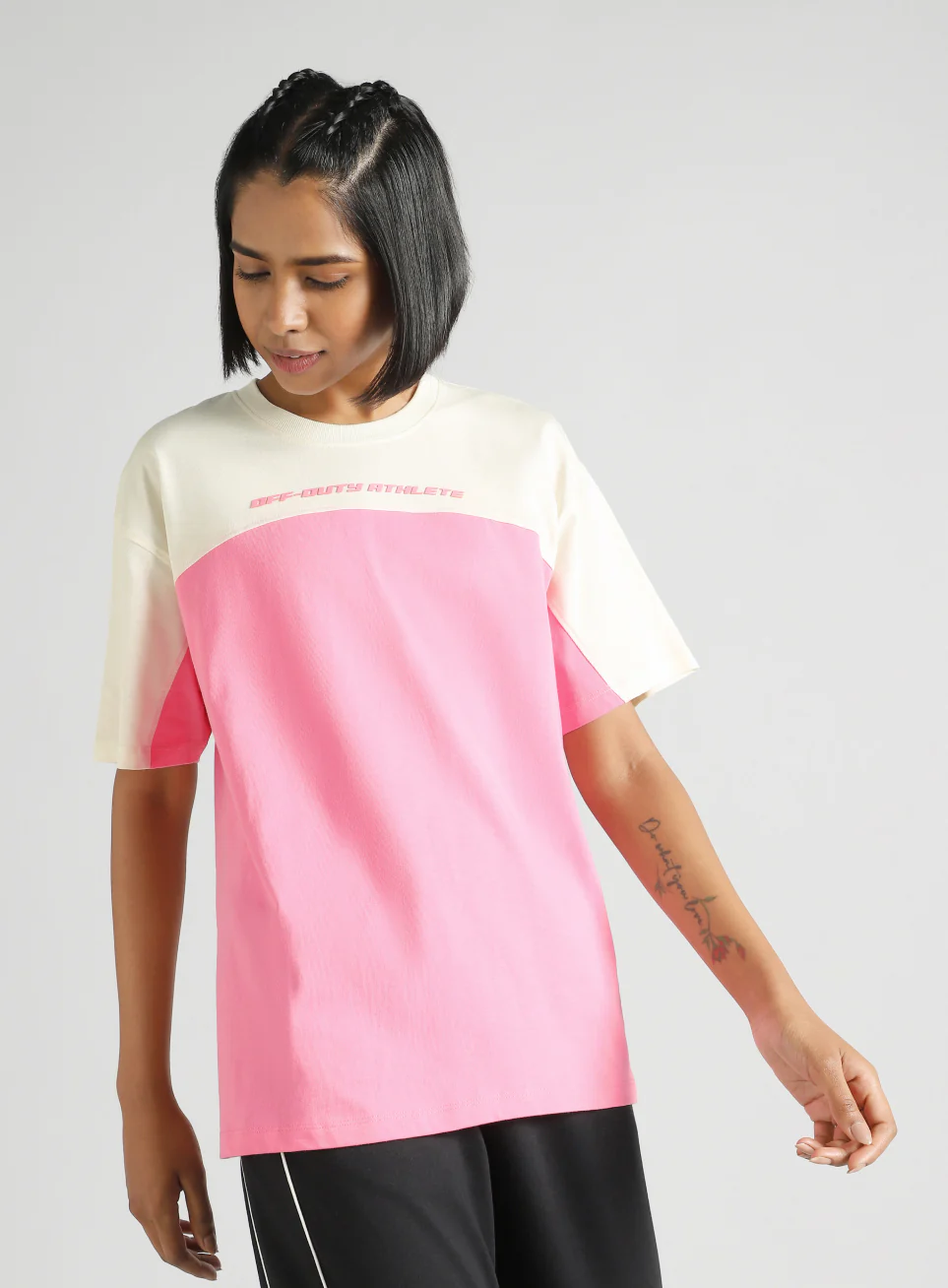 Women's Pink Offbeat Colorblock Oversized Fit T-Shirt