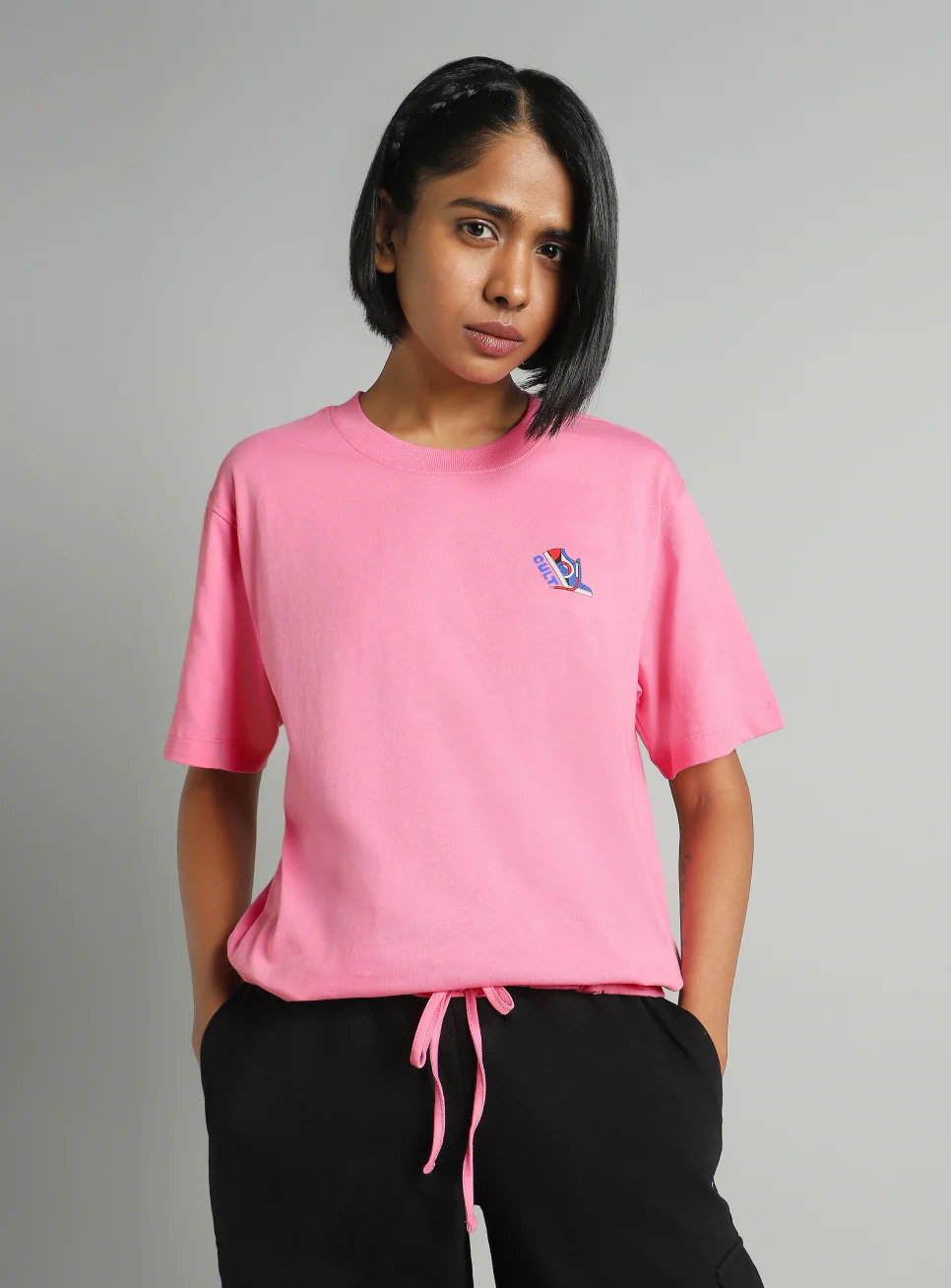 Women's Pink Tie Up Relaxed Fit T-shirt