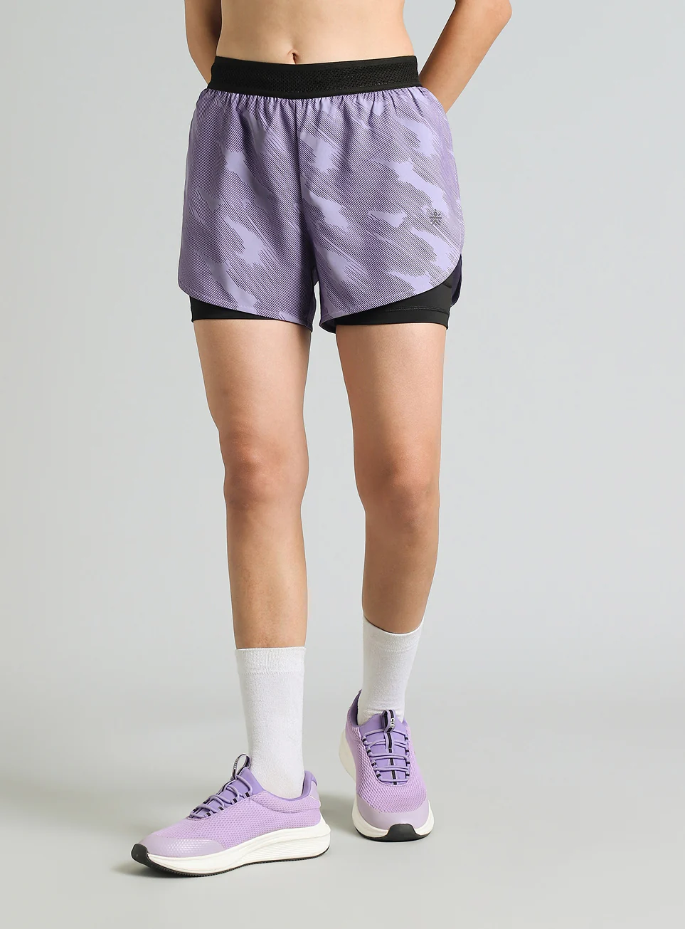 Women's Purple Urban Camo Shorts with Inbuilt Tights - Image 4