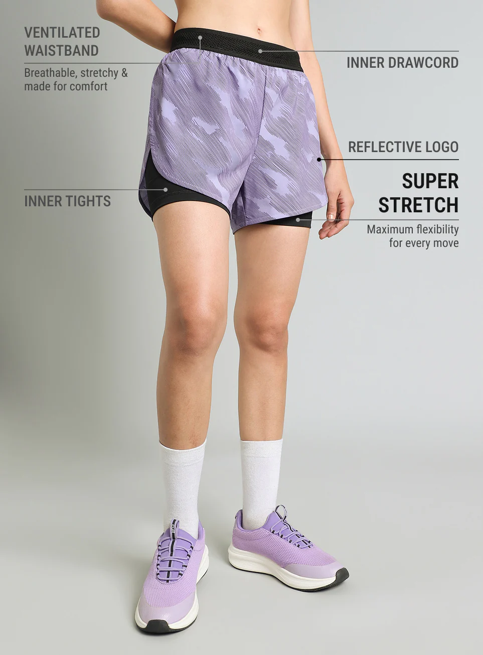 Women's Purple Urban Camo Shorts with Inbuilt Tights - Image 5