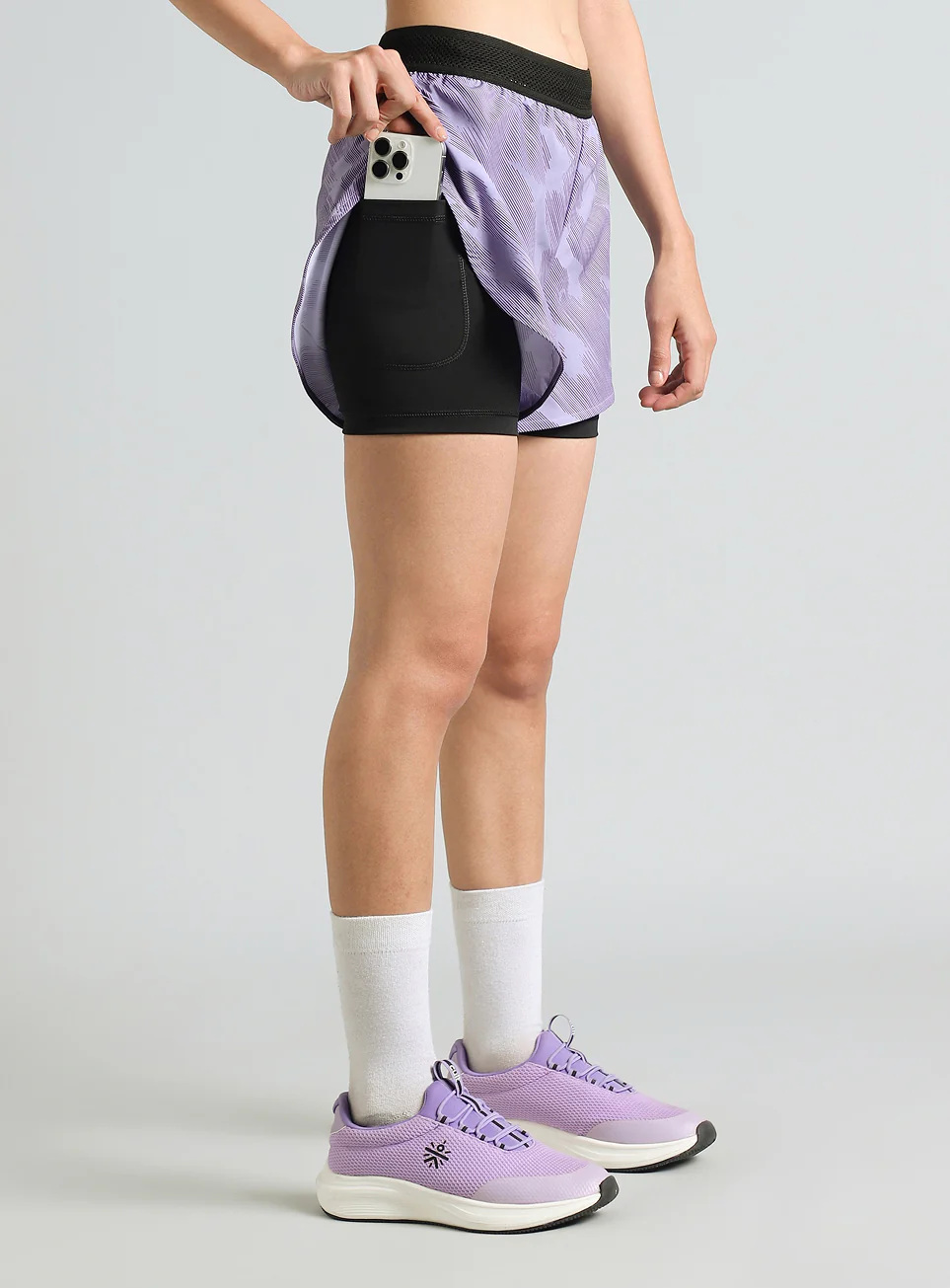 Women's Purple Urban Camo Shorts with Inbuilt Tights - Image 7