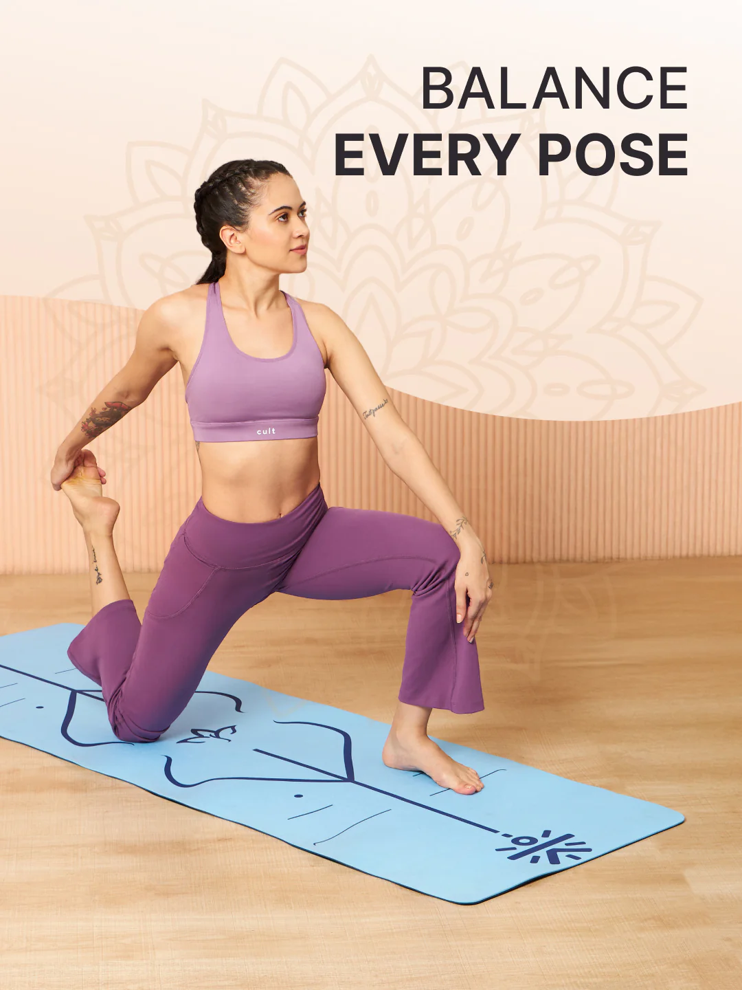Cult TPE Yoga Mat 6mm Non-Toxic, Latex-Free, Eco-Friendly, Tear-Resistant, Non-Slip Exercise Mat with Extra Cushioning , Carry Strap and Bag Ideal for Yoga, Pilates, Meditation & Fitness - Blue with Alignment Marking - Image 3