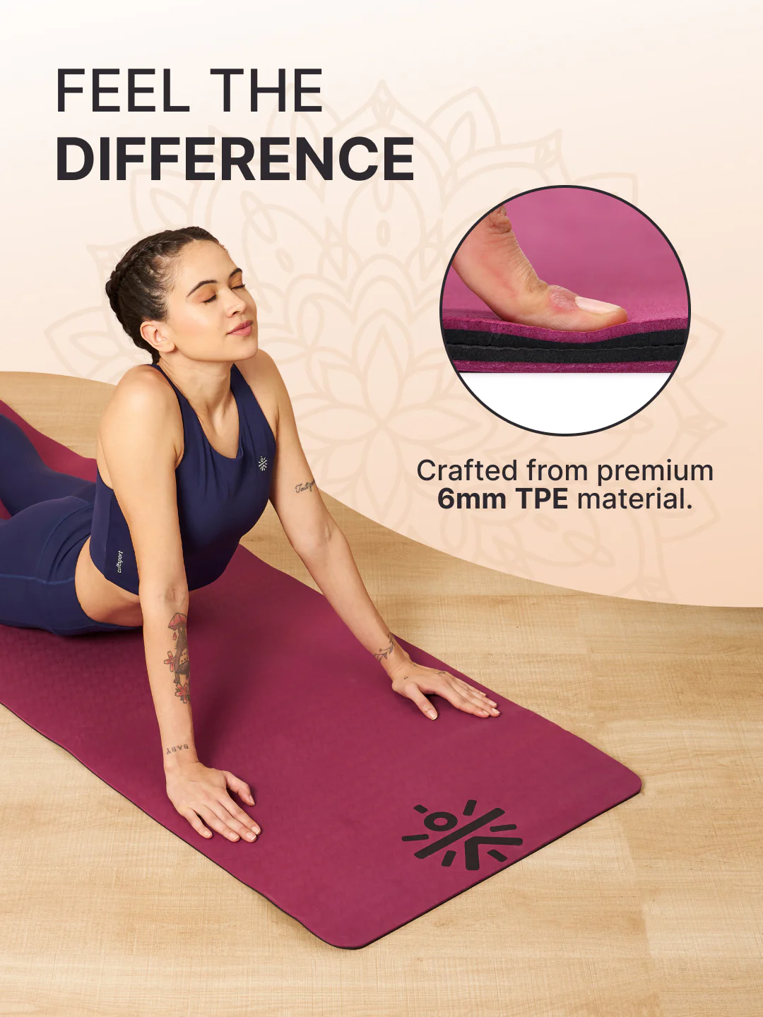 CULT TPE Yoga Mat 6mm with Carry Bag & Strap | Anti-Slip, Sweat Resistant, Lightweight & Durable Exercise Mat for Yoga, Pilates, Meditation & Home Workout Purple Wine/Black - Image 5